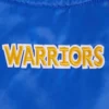 Golden State Warriors Script Tail Women’s Blue Satin Varsity Jacket 6