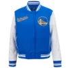 Golden State Warriors Script Tail Women’s Blue Wool & Leather Varsity Jacket