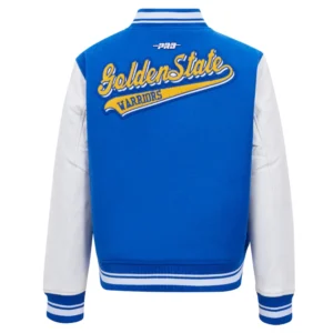Golden State Warriors Script Tail Women’s Blue Wool & Leather Varsity Jacket 3