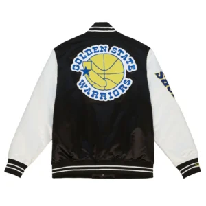 Golden State Warriors Team Origins Full-Snap Black and White Satin Varsity Jacket 1