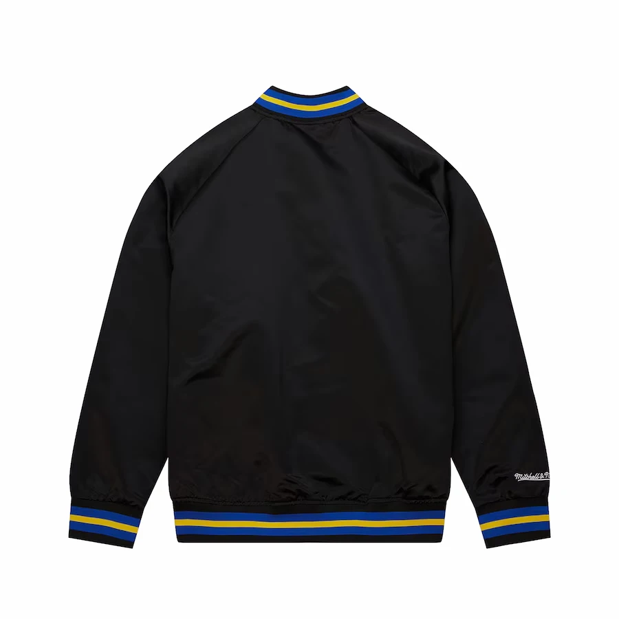 Golden State Warriors Throwback Wordmark Raglan Full-Snap Satin Varsity Jacket 1