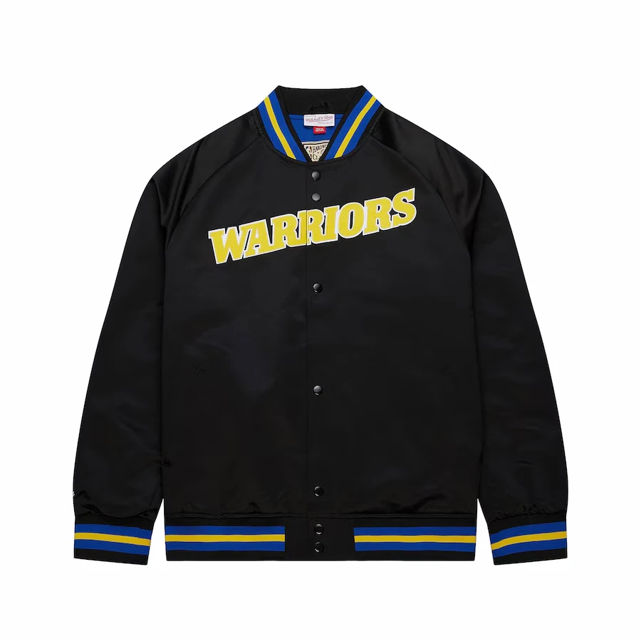 Golden State Warriors Throwback Wordmark Raglan Full-Snap Satin Varsity Jacket