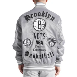 Grey Brooklyn Nets Old English Varsity Jacket 3