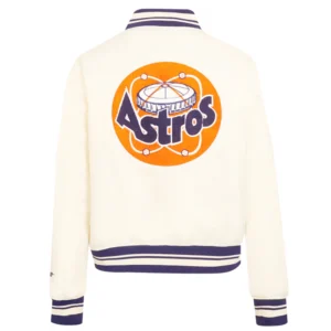 Houston Astros Retro Classic Women’s Full-Snap Satin Varsity Cream Jacket 1
