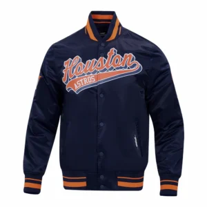 Houston Astros Script Tail Satin Navy Varsity Jacket