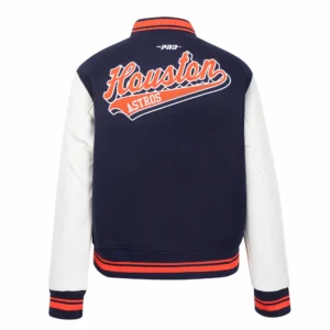 Houston Astros Script Tail Women’s NavyWhite Wool & Leather Varsity Jacket 1