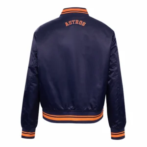 Houston Astros Script Tail Women’s Satin Varsity Navy Jacket 1