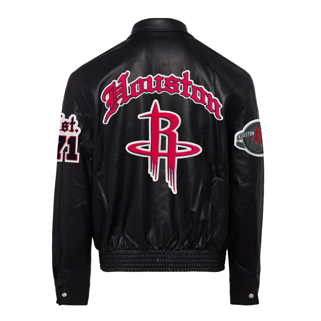 Houston Rockets Full Leather Puffer Old English Jacket Black