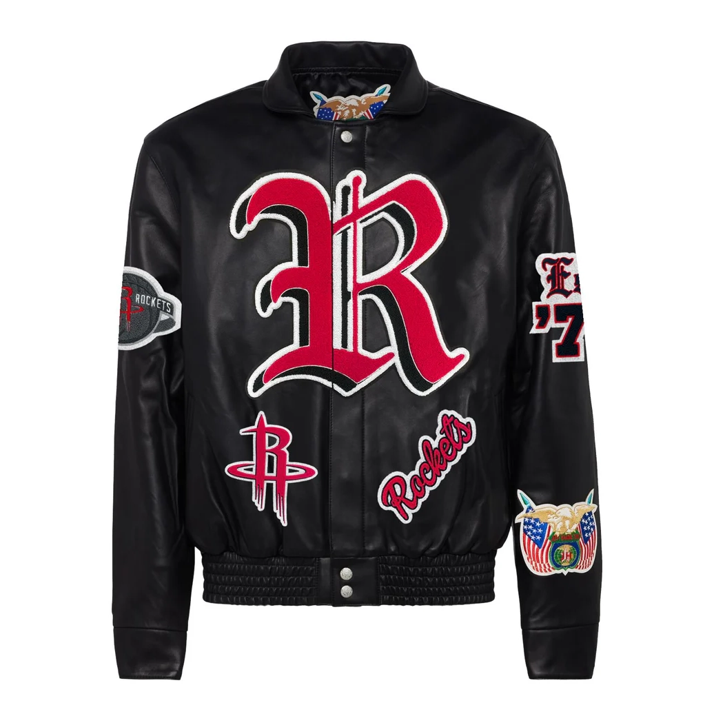 Houston Rockets Full Leather Puffer Old English Jacket Black