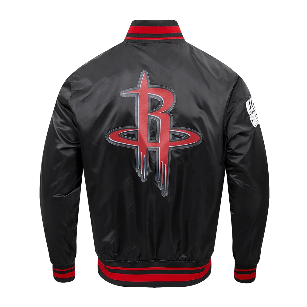 Houston Rockets Script Tail Black Satin Varsity Jacket 2