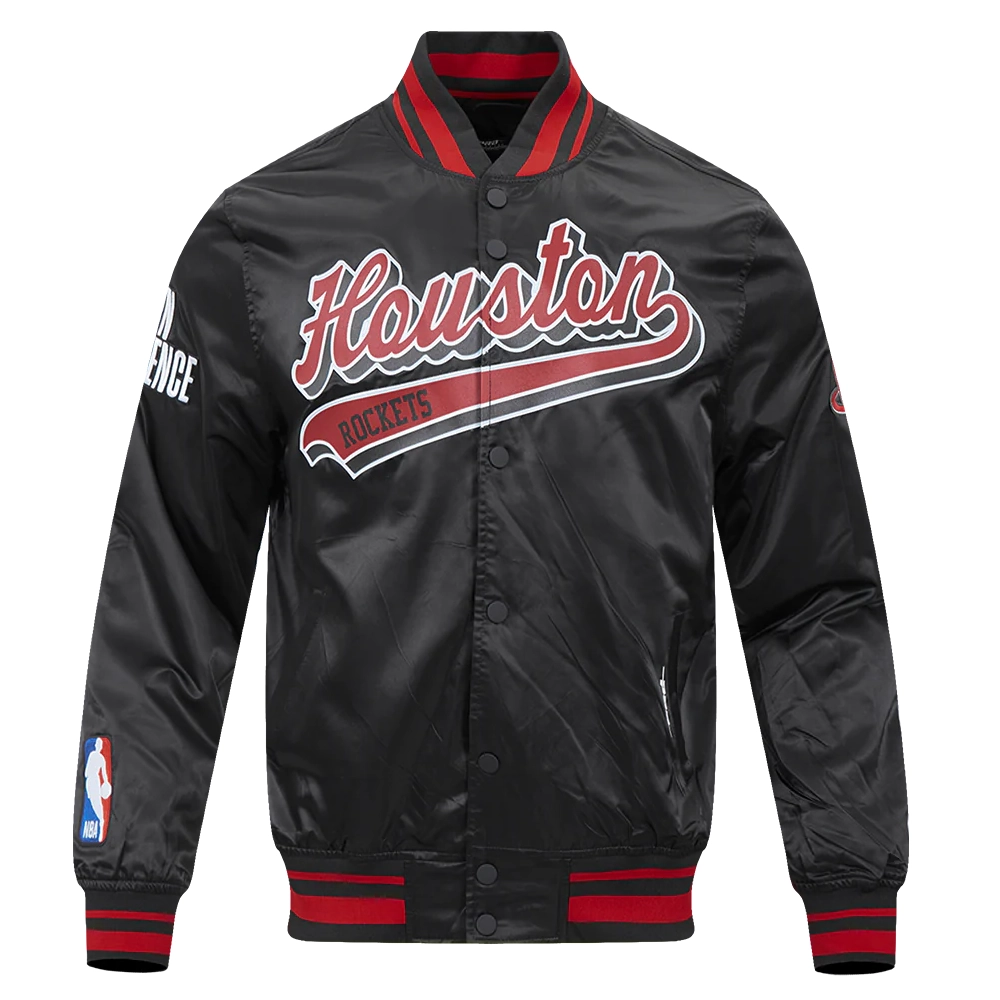 Houston Rockets Script Tail Black Satin Varsity Jacket