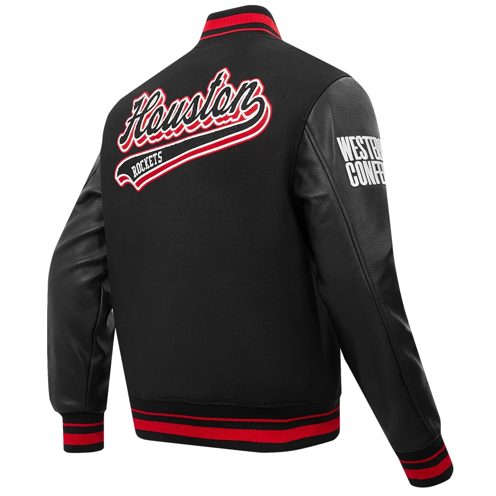Houston Rockets Script Tail Black Wool & Leather Varsity Jacket 2