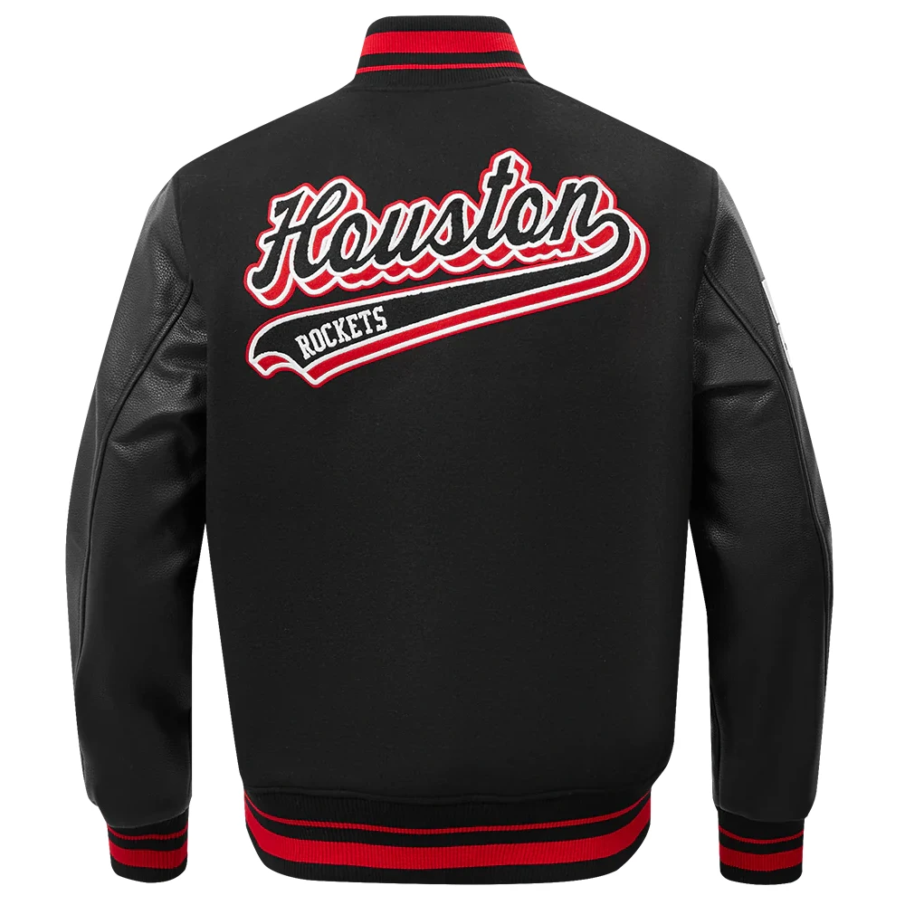 Houston Rockets Script Tail Black Wool & Leather Varsity Jacket 3