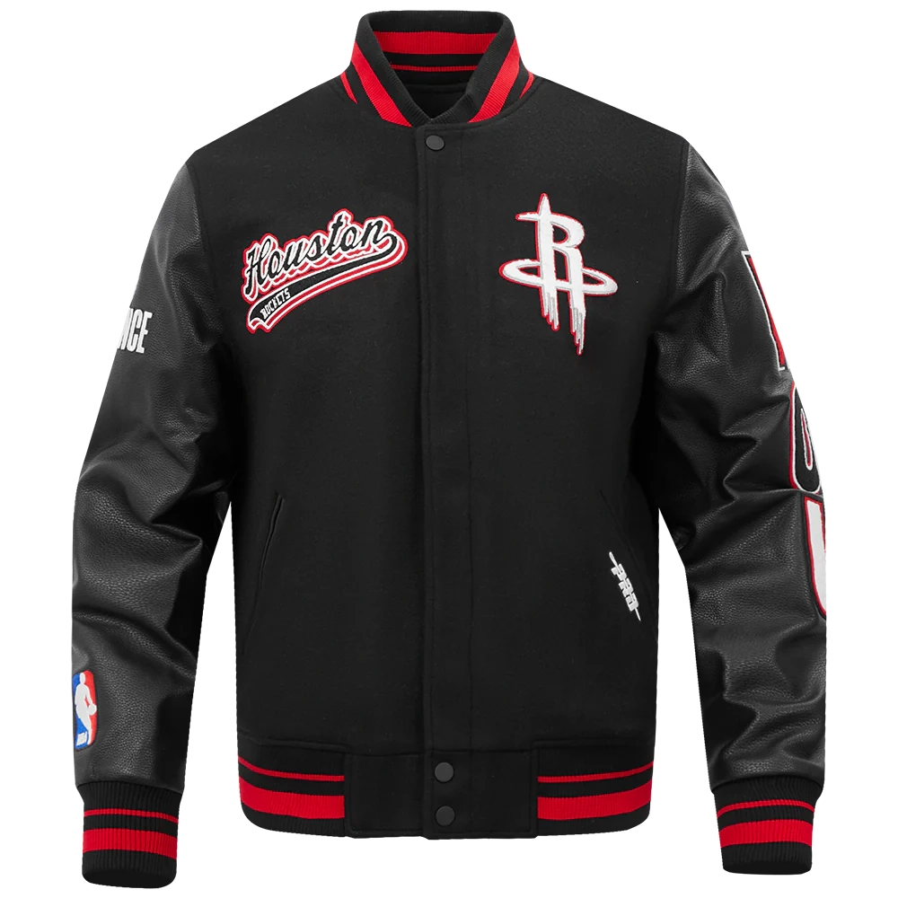 Houston Rockets Script Tail Black Wool & Leather Varsity Jacket