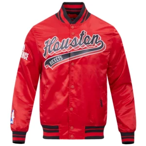 Houston Rockets Script Tail Full-Snap Red Satin Varsity Jacket