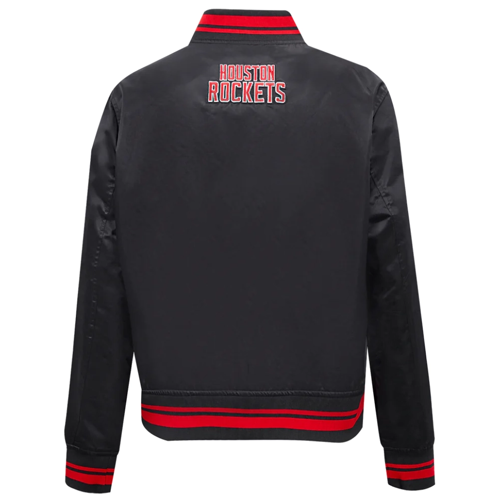 Houston Rockets Script Tail Women’s Black Satin Varsity Jacket 3