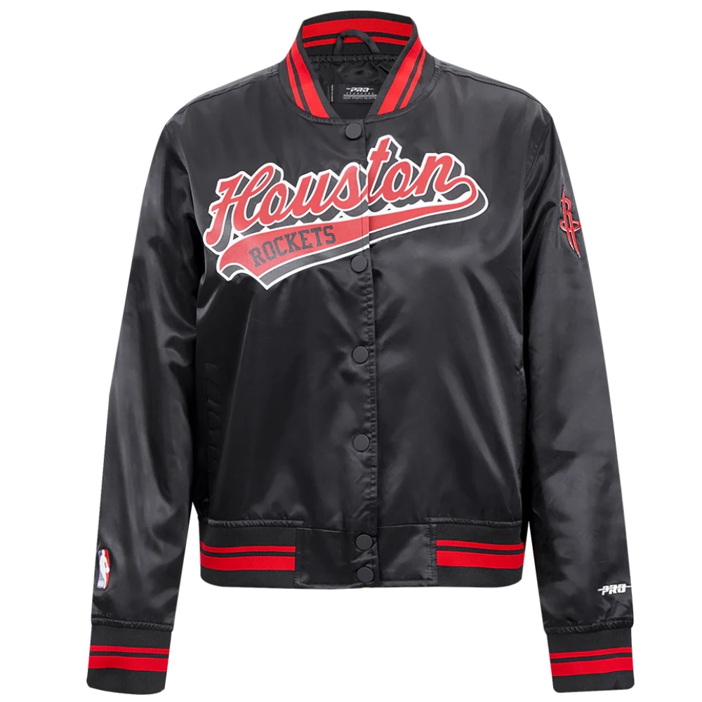 Houston Rockets Script Tail Women’s Black Satin Varsity Jacket