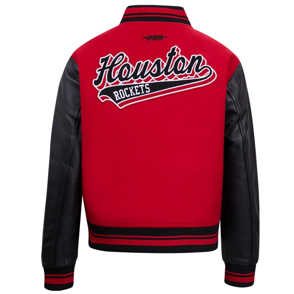 Houston Rockets Script Tail Women’s Red and Black Wool & Leather Varsity Jacket 1