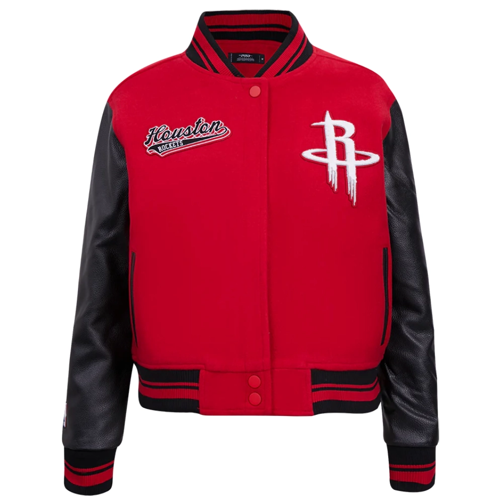Houston Rockets Script Tail Women’s Red and Black Wool & Leather Varsity Jacket