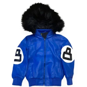 Kid's 8 Ball Color-Blocked Blue Bomber Detachable Fur Hood Leather Jacket