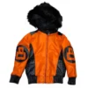 Kid's 8 Ball Color-Blocked Orange Bomber Detachable Fur Hood Leather Jacket