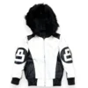 Kid's 8 Ball Color-Blocked White Bomber Detachable Fur Hood Leather Jacket