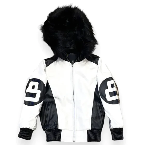 Kid's 8 Ball Color-Blocked White Bomber Detachable Fur Hood Leather Jacket