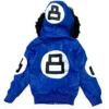 Kid's Eight Ball Color-Blocked Blue and Black Bomber Detachable Fur Hood Leather Jacket