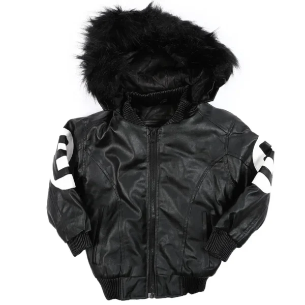 Kid's Eight Ball Vintage Faux Fur Trim Hood Black Wool with Leather Jacket