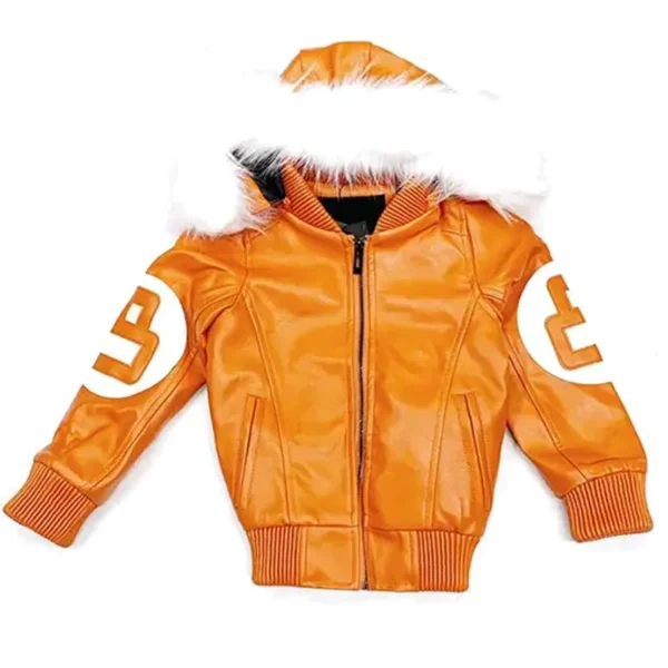 Kid's Robert Phillipe Eight Ball Orange and White Fur Hooded Leather Jacket