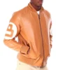 Light Brown and White Men's Eight Ball Color Block Fur Hooded Bomber Leather Jacket