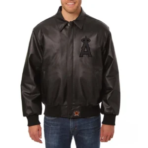 Los Angeles Angels Shirt Collar Full Black Leather Bomber Varsity Jacket