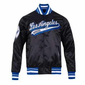 Los Angeles Dodgers Script Tail Satin Varsity Jacket – Black