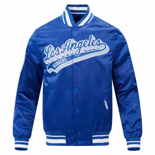 Los Angeles Dodgers Script Tail Satin Varsity Jacket – Blue
