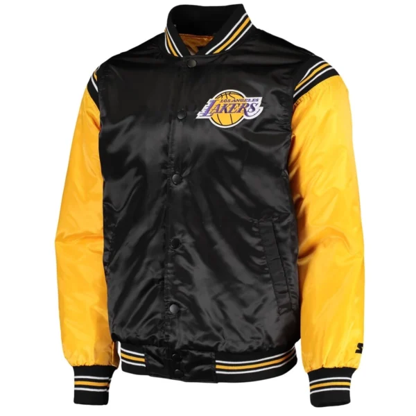 Los Angeles Lakers Enforcer Full-Snap Black and Yellow Satin Varsity Jacket