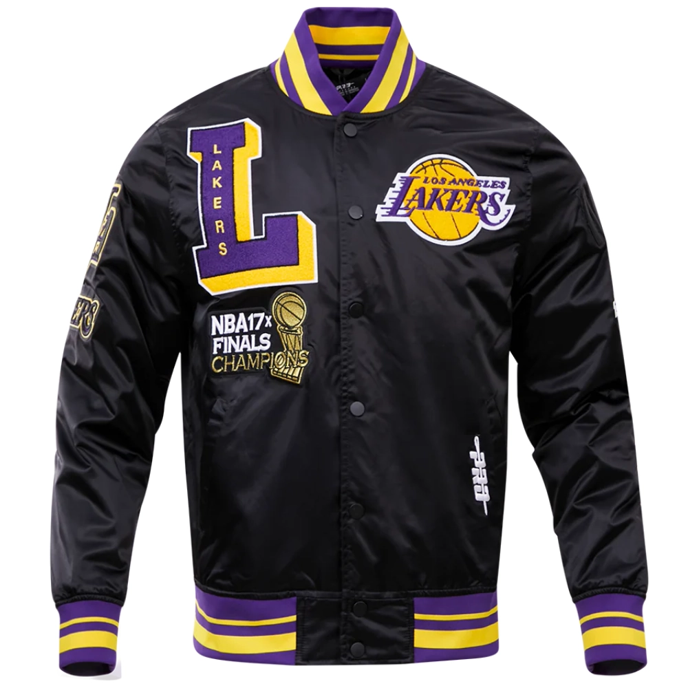 Los Angeles Lakers Mashup Full-Snap Black Satin Varsity Jacket