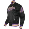 Los Angeles Lakers Script Tail Full-Snap Black Satin Varsity Jacket 1