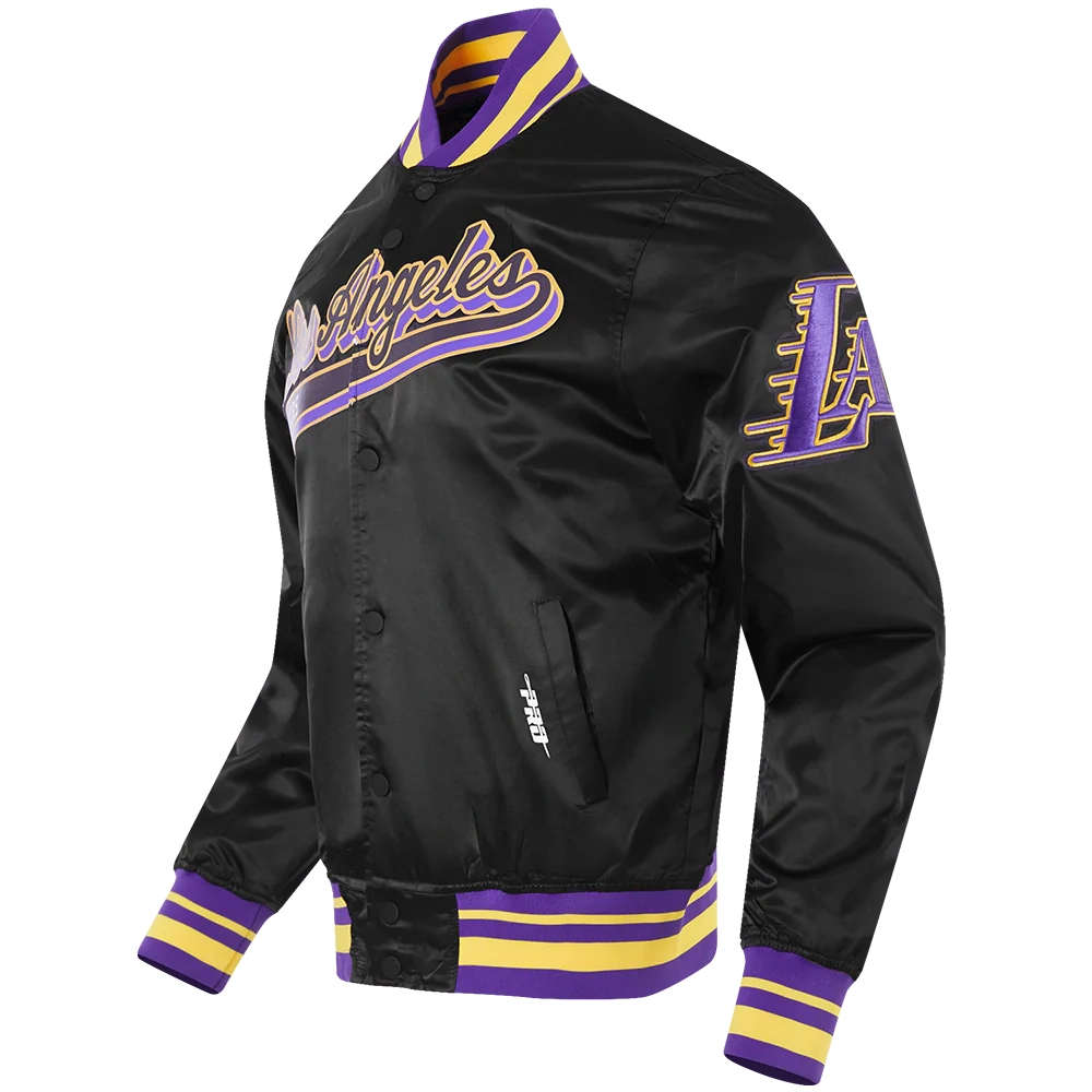 Los Angeles Lakers Script Tail Full-Snap Black Satin Varsity Jacket 1