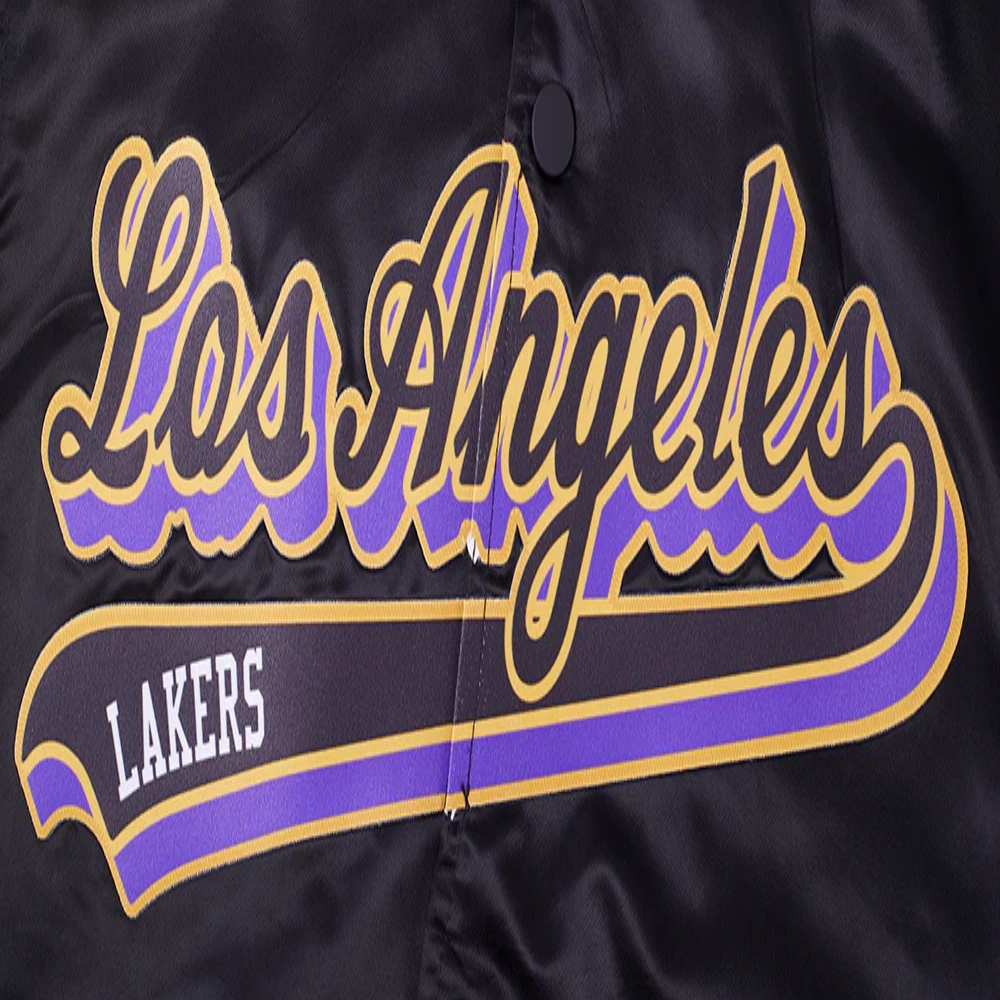Los Angeles Lakers Script Tail Full-Snap Black Satin Varsity Jacket 3