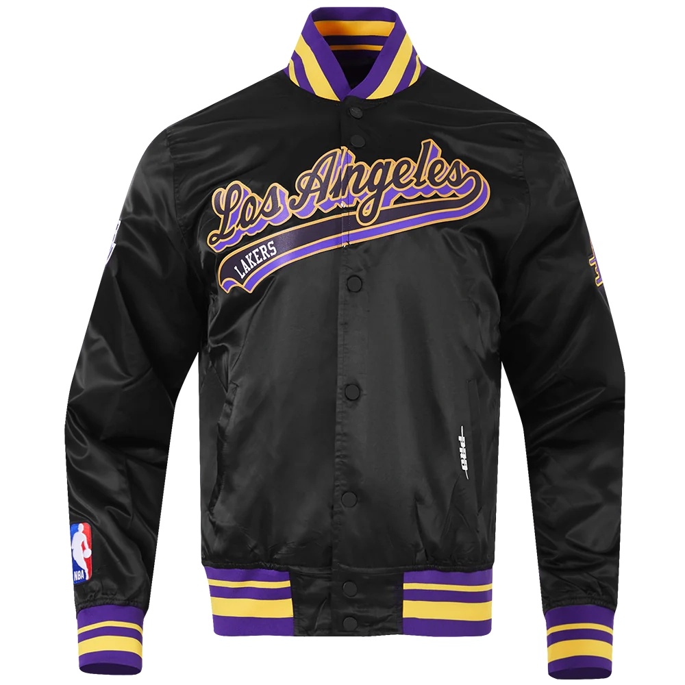 Los Angeles Lakers Script Tail Full-Snap Black Satin Varsity Jacket