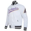 Los Angeles Lakers Script Tail Full-Snap White Satin Varsity Jacket 1