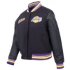 Los Angeles Lakers Script Tail Women’s Black Wool & Leather Varsity Jacket 1