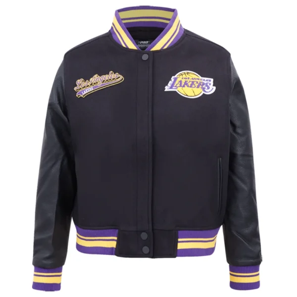 Los Angeles Lakers Script Tail Women’s Black Wool & Leather Varsity Jacket