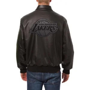 Los Angeles Lakers Shirt Collar Full Leather Bomber Black Varsity Jacket 1