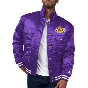 Los Angeles Lakers Silver Tab Satin Trucker Varsity Jacket – Purple