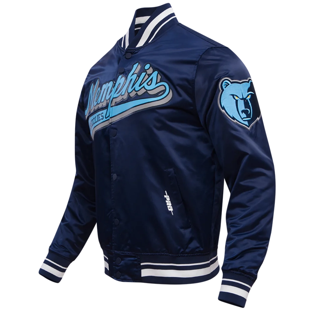 Memphis Grizzlies Script Tail Full-Snap Navy Satin Varsity Jacket 1