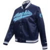 Memphis Grizzlies Script Tail Women’s Full-Snap Navy Satin Varsity Jacket 1