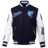 Memphis Grizzlies Script Tail Wool & Leather Varsity Navy and White Jacket