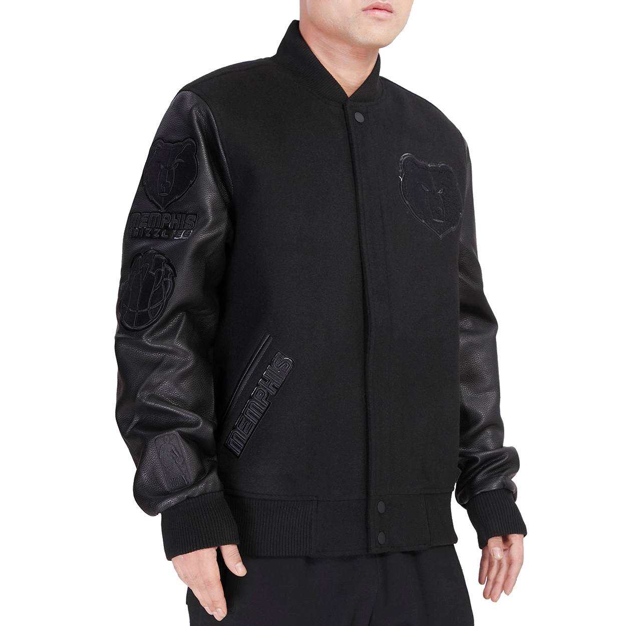 Memphis Grizzlies Triple Black Wool & Leather Varsity Black Jacket 1`