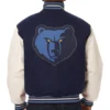 Memphis Grizzlies Two Tone Wool and Leather Navy Blue and White Varsity Jacket 1